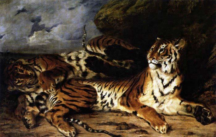 Eugene Delacroix A Young Tiger Playing with its Mother Spain oil painting art